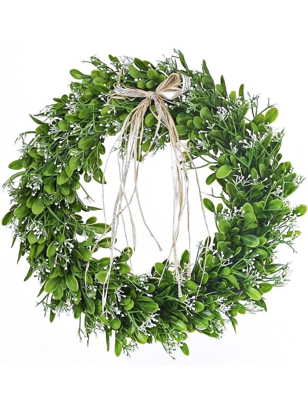 16in Green Plastic Boxwood Wreath with Natural Bow - Day to Day Home or Holiday